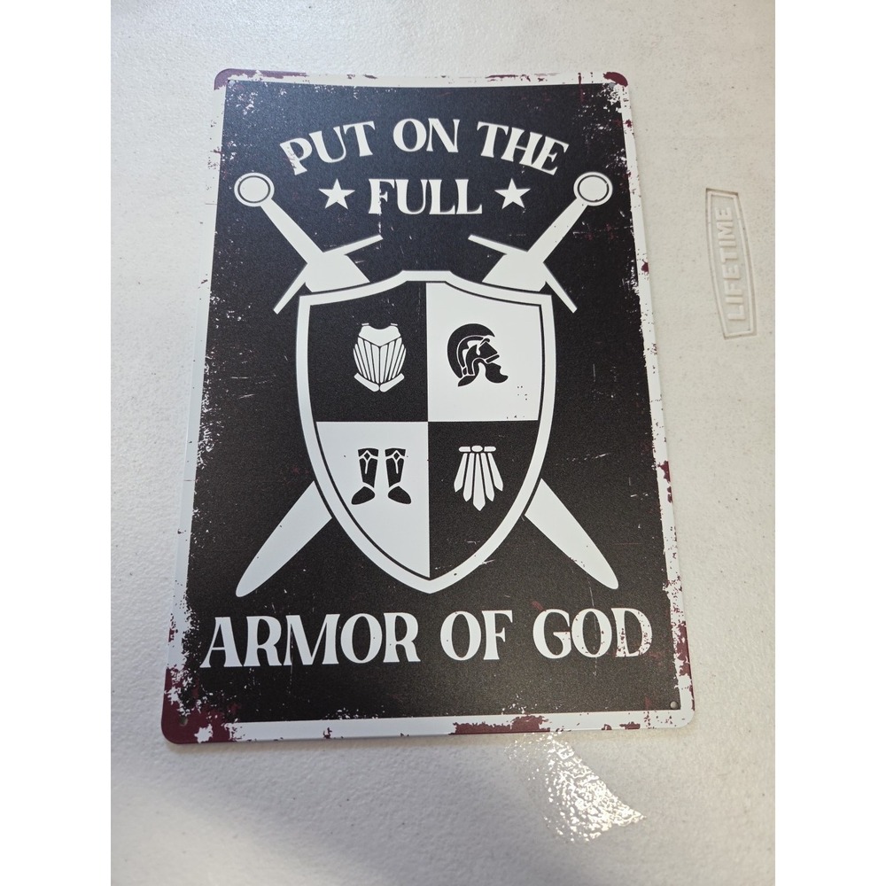 Armor Of God Metal Tin Sign Rustic Christian Wall Decor Medieval Knight Faith